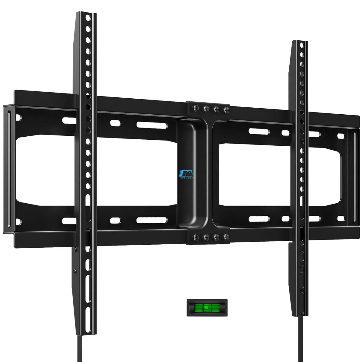 A flat black metal TV wall bracket with mounting arms and a pull-release strap visible