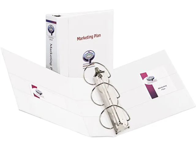 White slant-ring view binder with clear overlay pockets and four interior pockets