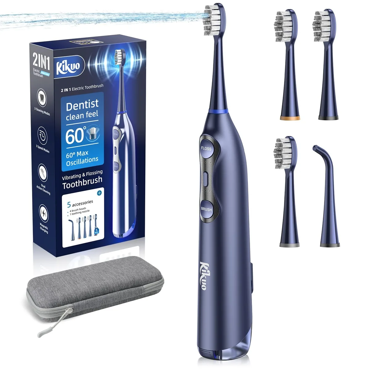 Blue cordless electric toothbrush and water flosser combo unit with travel case
