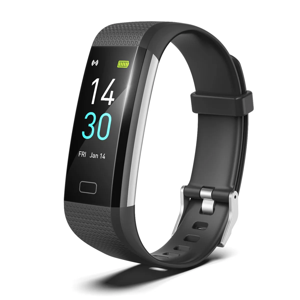Black slim activity tracker with 0.96 inch LCD touchscreen and black band