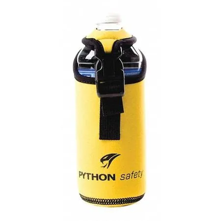 Yellow neoprene spray-can holster with black strap and plastic D-ring
