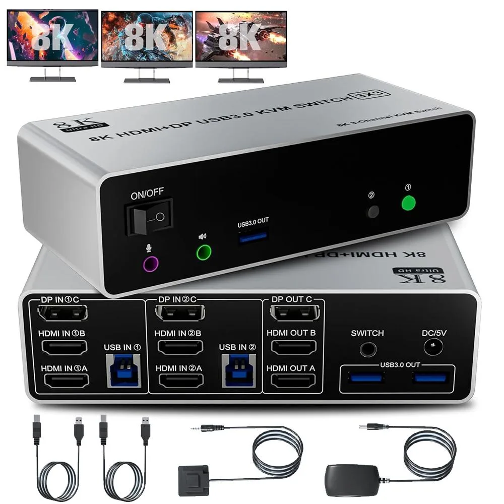 SMA SMA 8K@60Hz KVM Switch 3 Monitors 2 Computers 4K@144Hz 2 HDMI+DP Wired Remote 5V Power Adapter — product photo