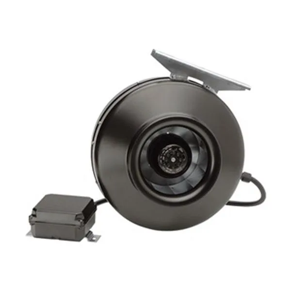 Galvanised steel inline duct fan, 10 in diameter, rectangular housing with mounting bracket