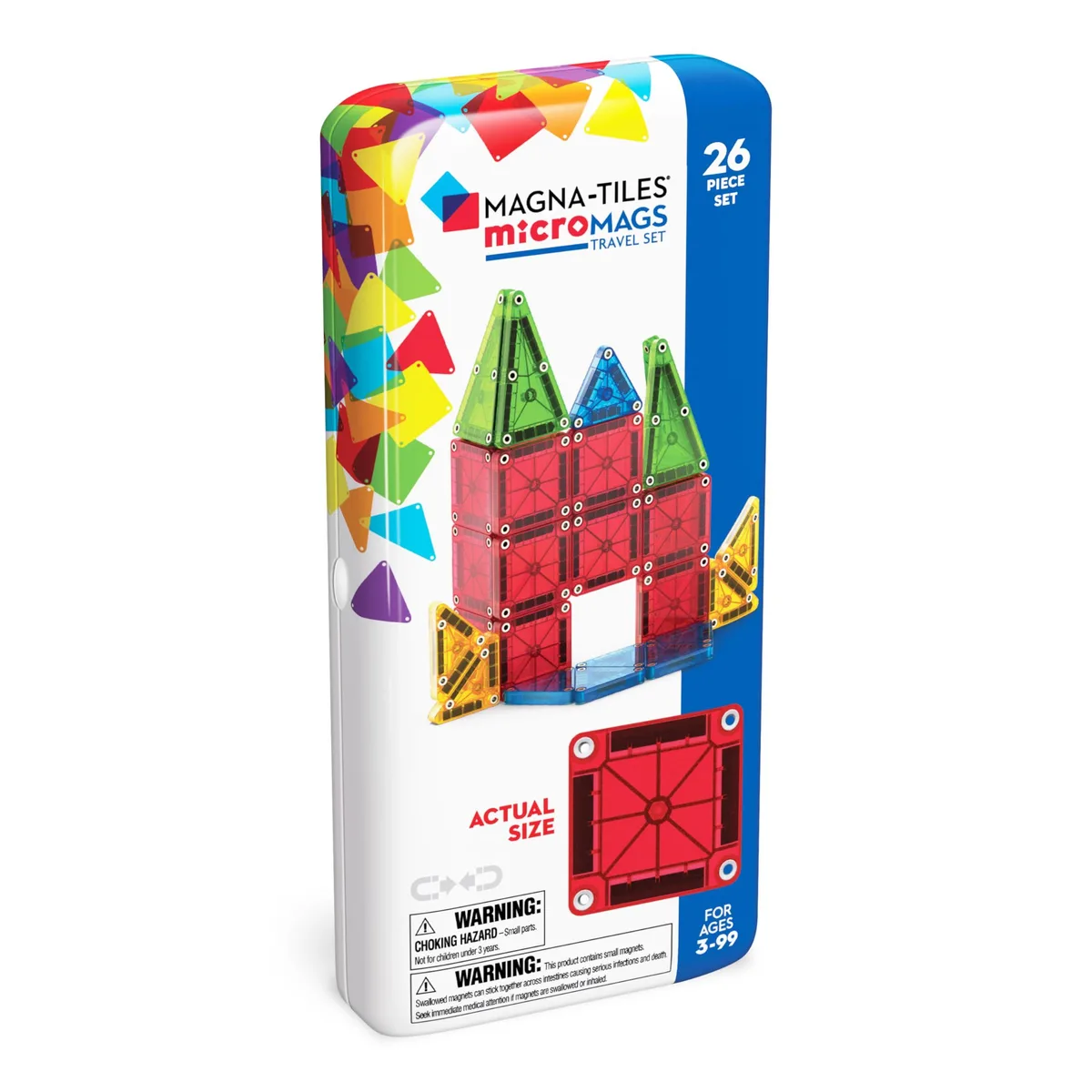 A metal tin containing 26 colourful magnetic plastic tiles in square and triangle shapes