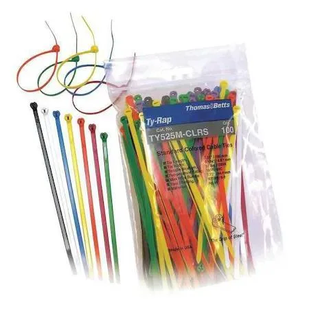 Clear plastic box holding 100 assorted colour nylon cable ties 7.3 in long
