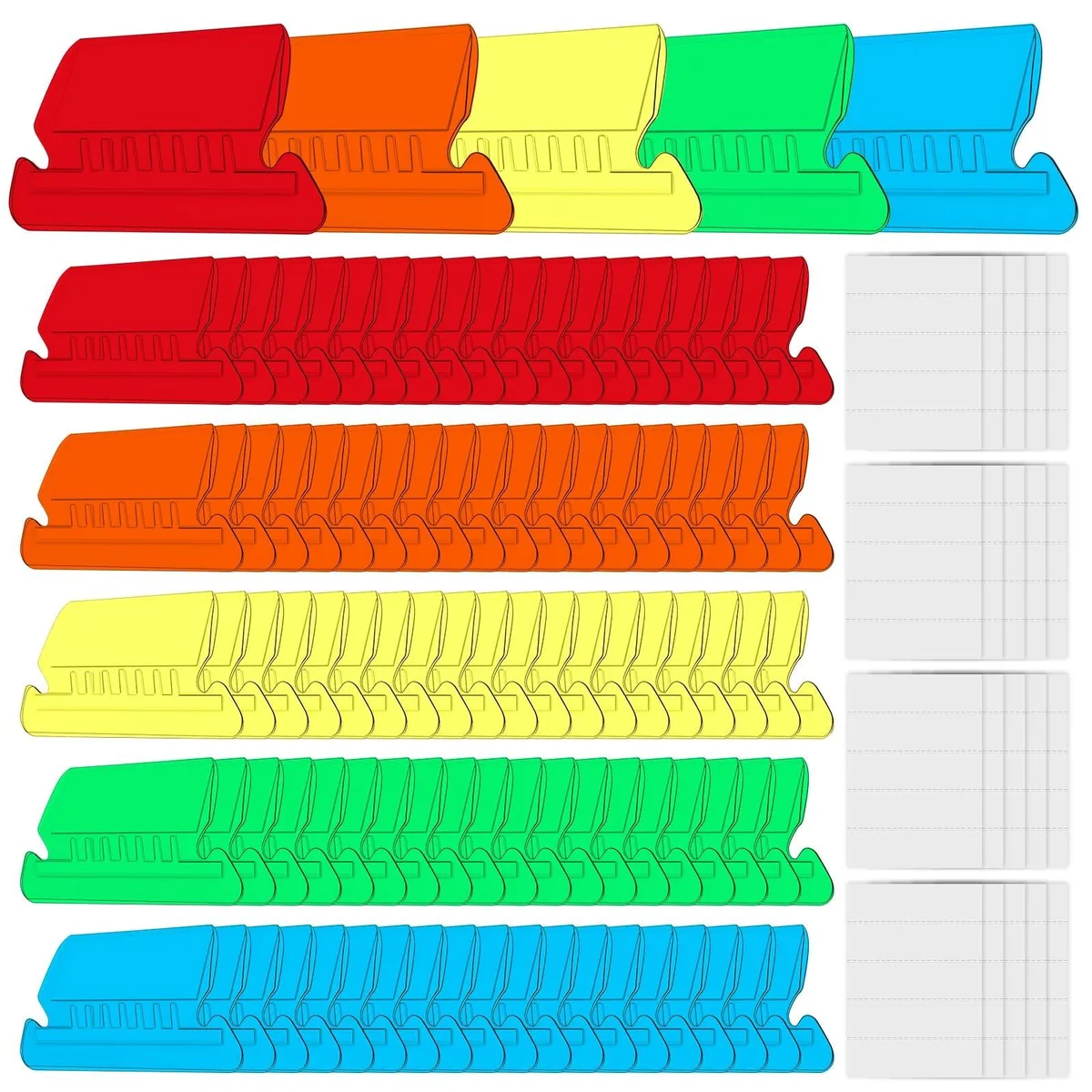 Clear plastic hanging file tabs with multicolor paper inserts, 100 sets