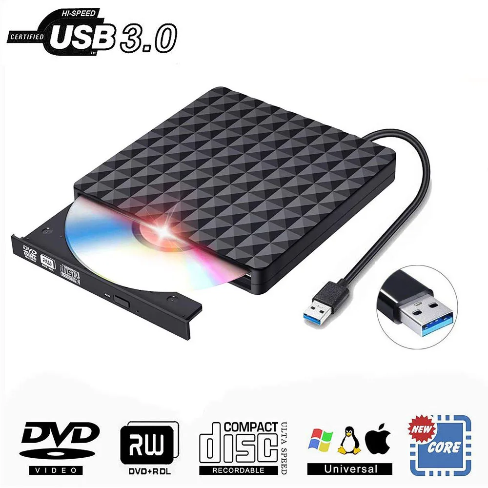 Jansicotek Jansicotek Diamond Pattern External DVD Burner USB 3.0 Slim Black — product photo