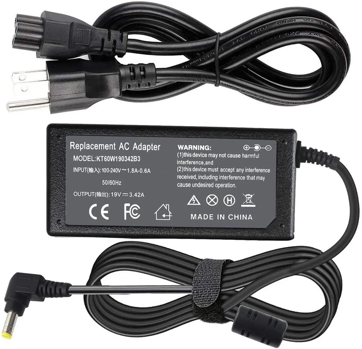 Black rectangular AC adapter with 5.5x2.5mm barrel connector and three-prong inlet