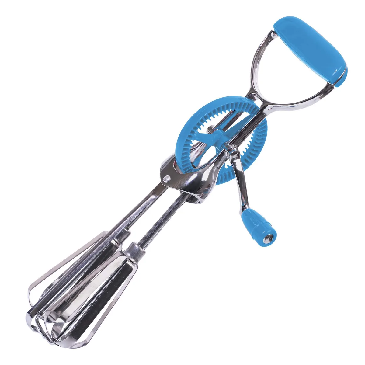 Black rotary egg beater with stainless steel blades and plastic handle, 12 inches tall
