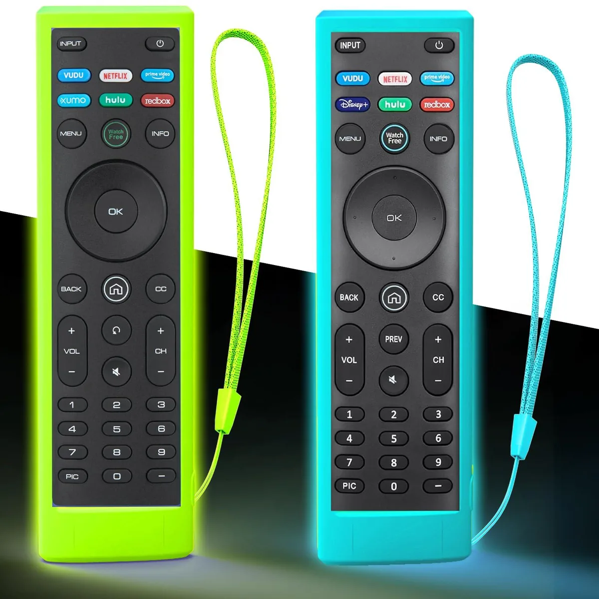Two silicone remote covers in glow blue green