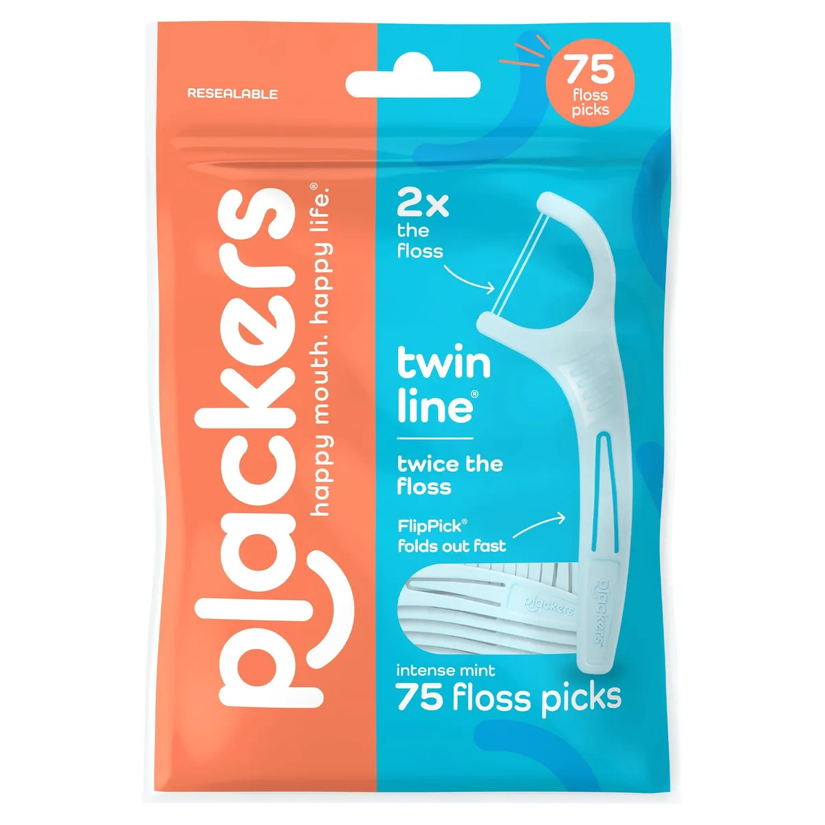 Blue plastic floss pick with dual floss lines and fold-out pick, 75-count resealable pack
