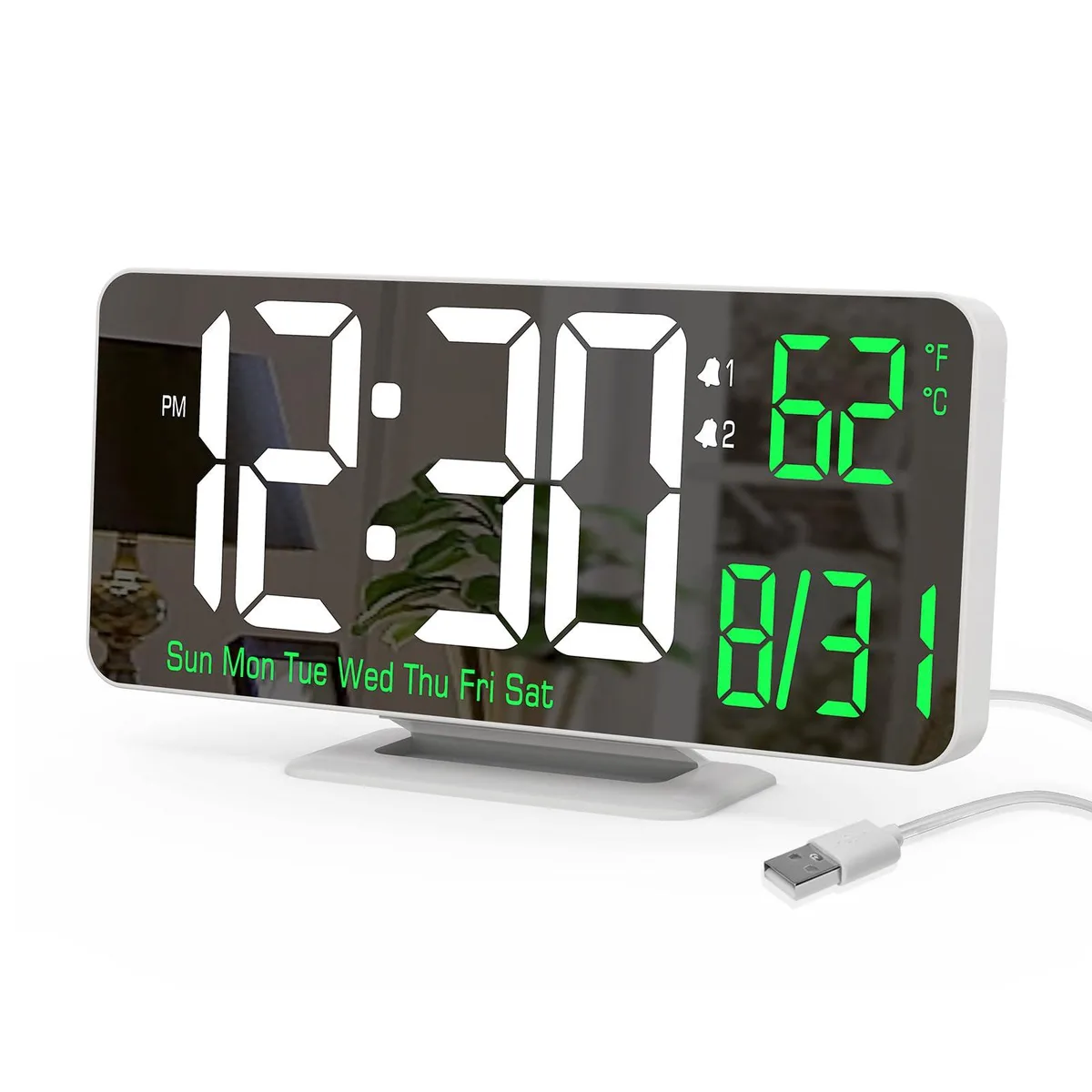 White rectangular digital clock with green LED digits on a 6.7 inch display