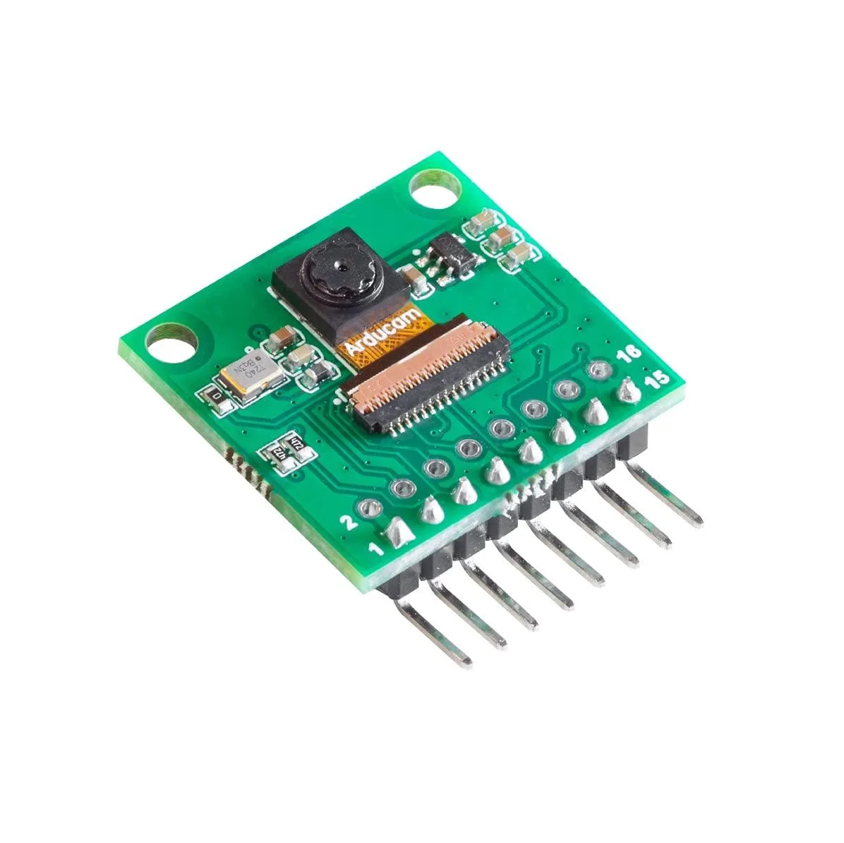 Small rectangular green PCB with monochrome camera sensor and pin header