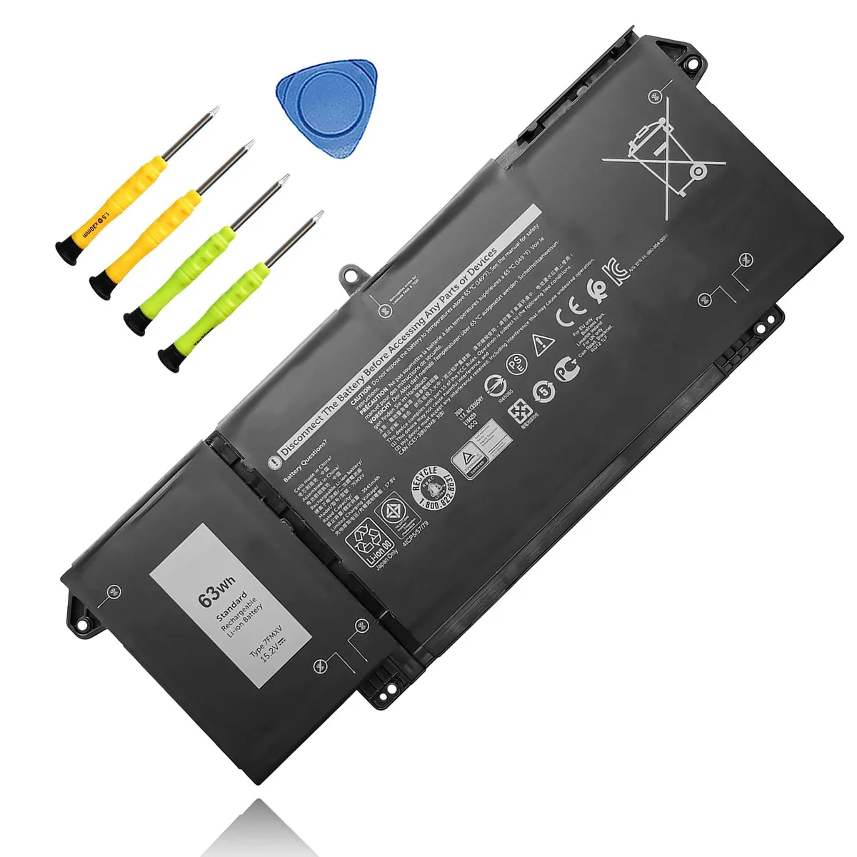 Rectangular black laptop battery with two small screwdrivers and a manual