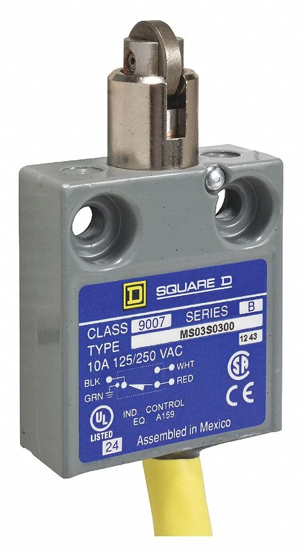 Square D 9007 limit switch with cross roller plunger actuator on top, miniature metal body