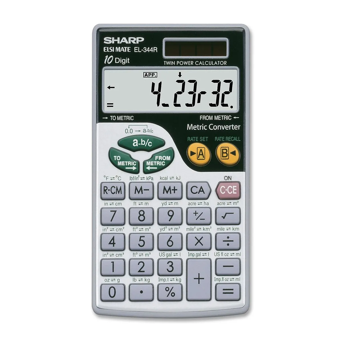 Red wallet calculator with 10-digit LCD display and metal case