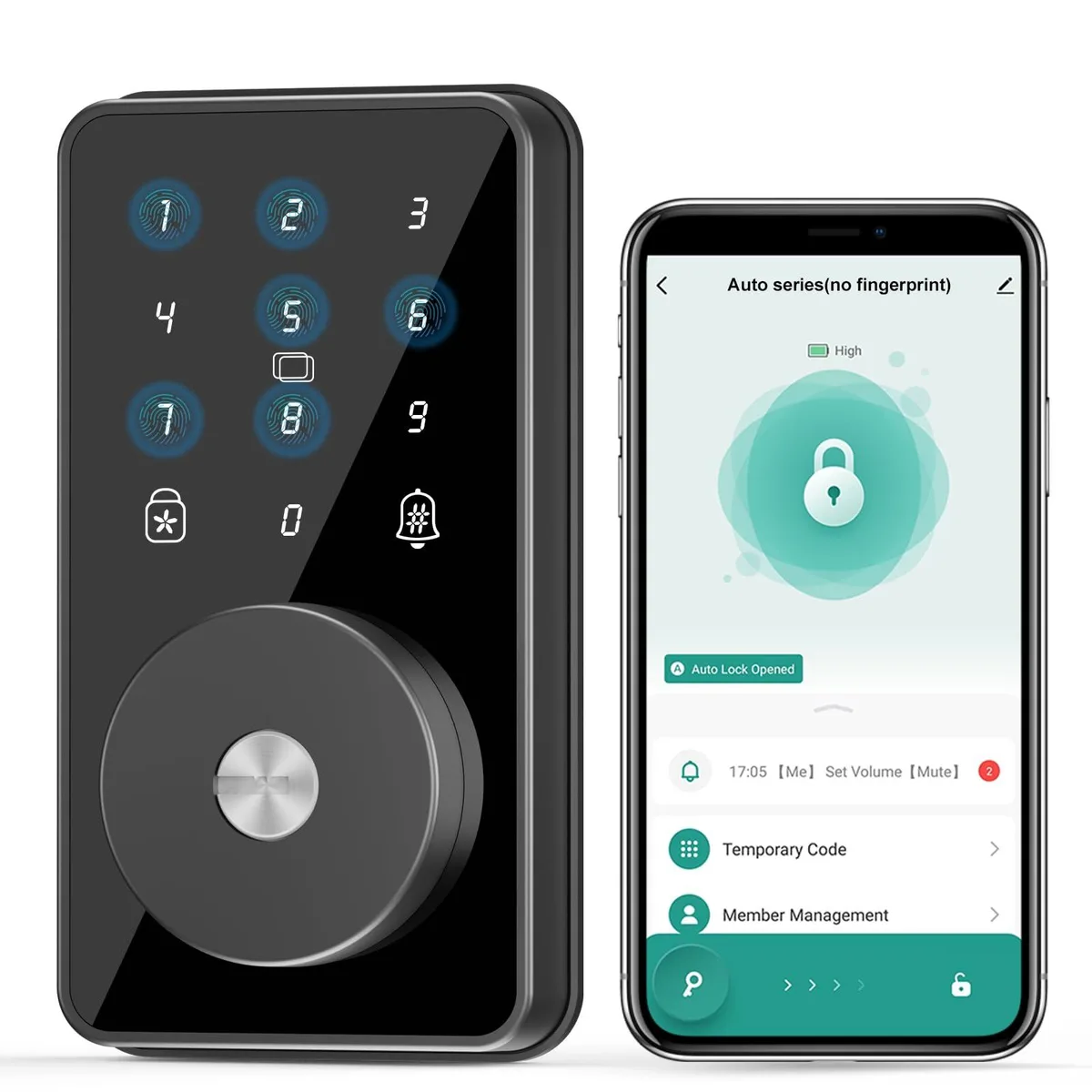 Black rectangular smart deadbolt with numeric keypad, approx 2.5 x 2.33 x 5 inches