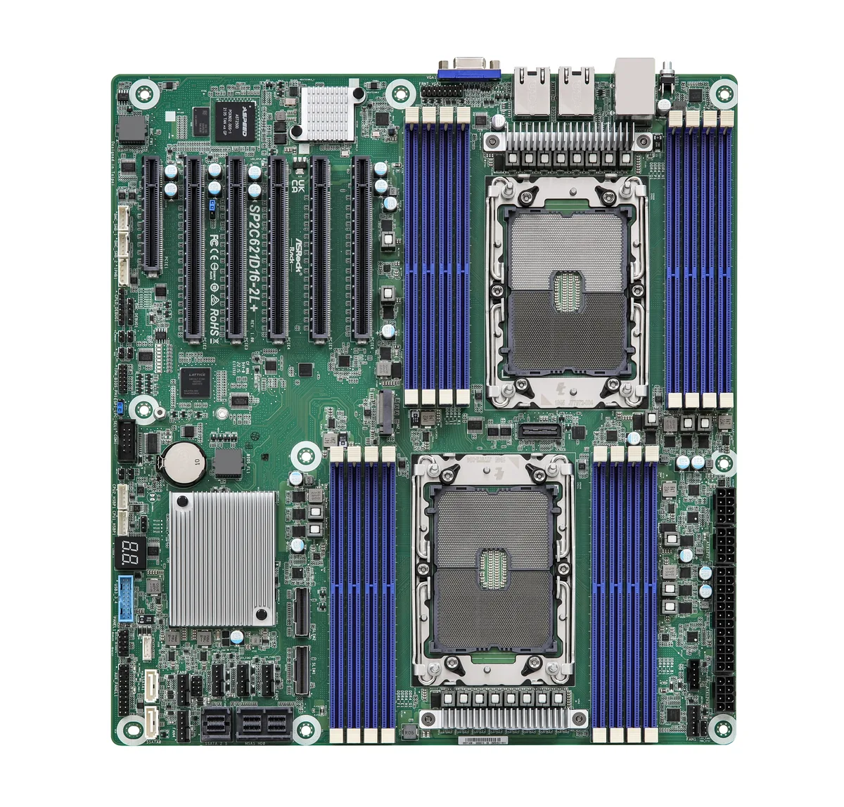 ASRock Rack ASRock Rack SP2C621D16-2L+ server motherboard LGA 4189 dual socket 16 DDR4 3200 14 SATA 2 SlimSAS 1 M.2 2 1GbE — product photo