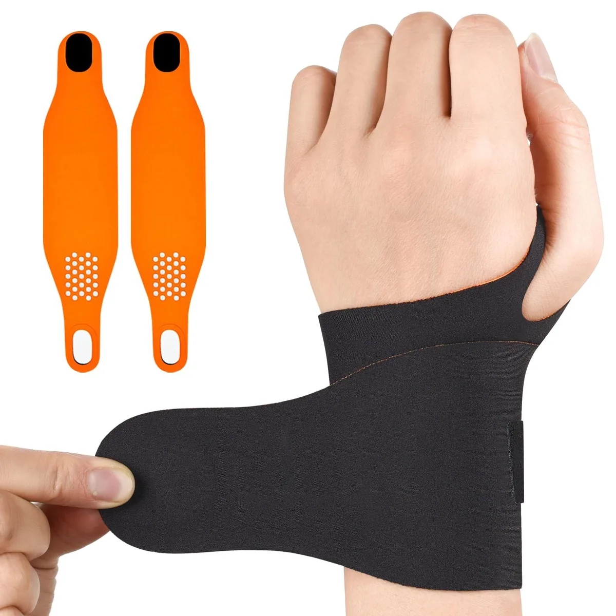 Two black elastic wrist wraps with adjustable straps and textured massage bumps