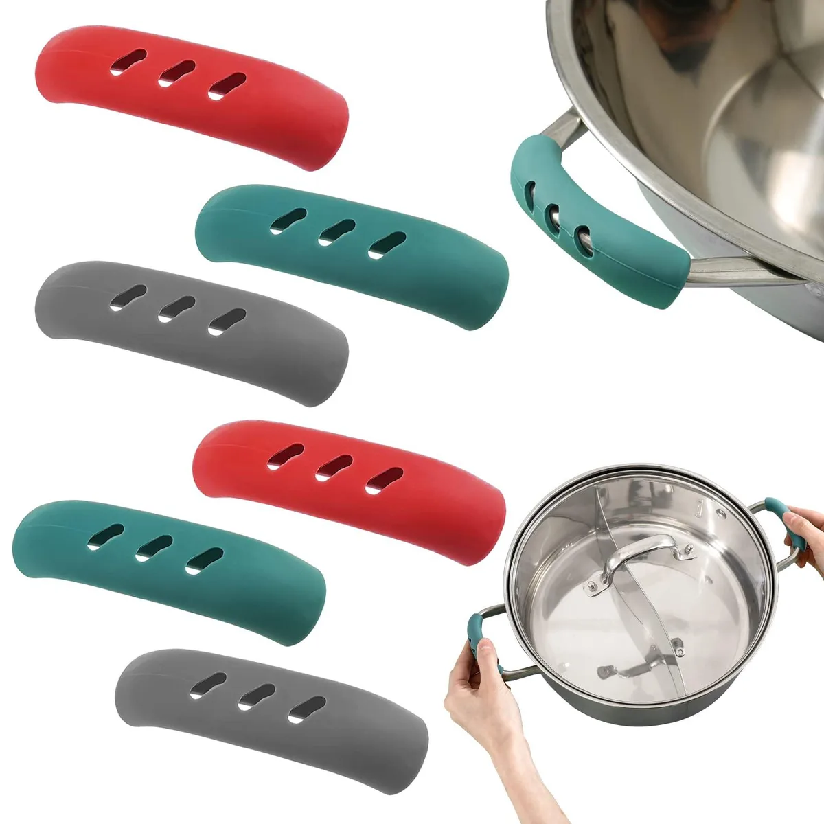 Twelve flexible silicone handle covers in assorted colours, ribbed texture, looped ends visible