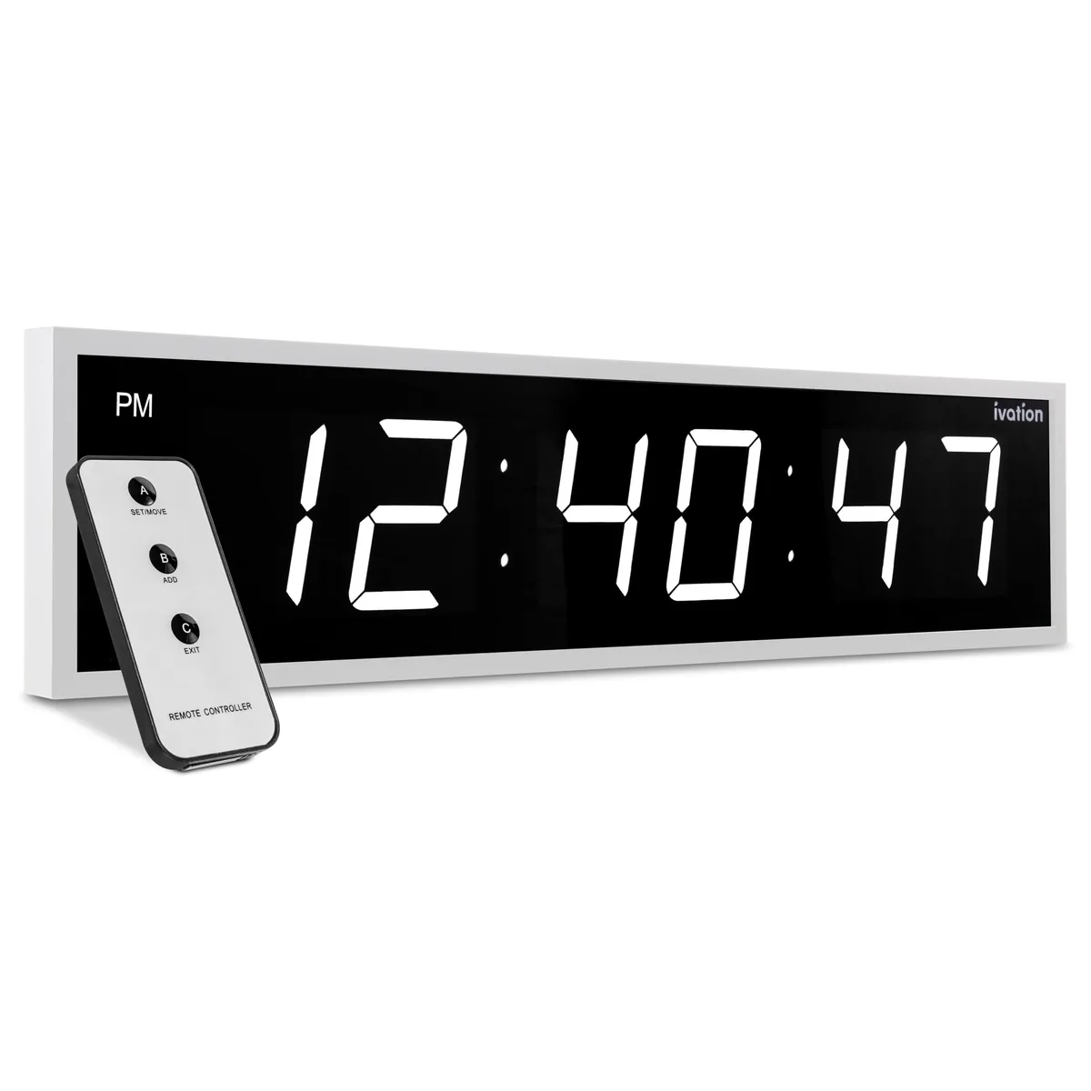 Large white rectangular digital clock 36 inches wide with big red LED digits