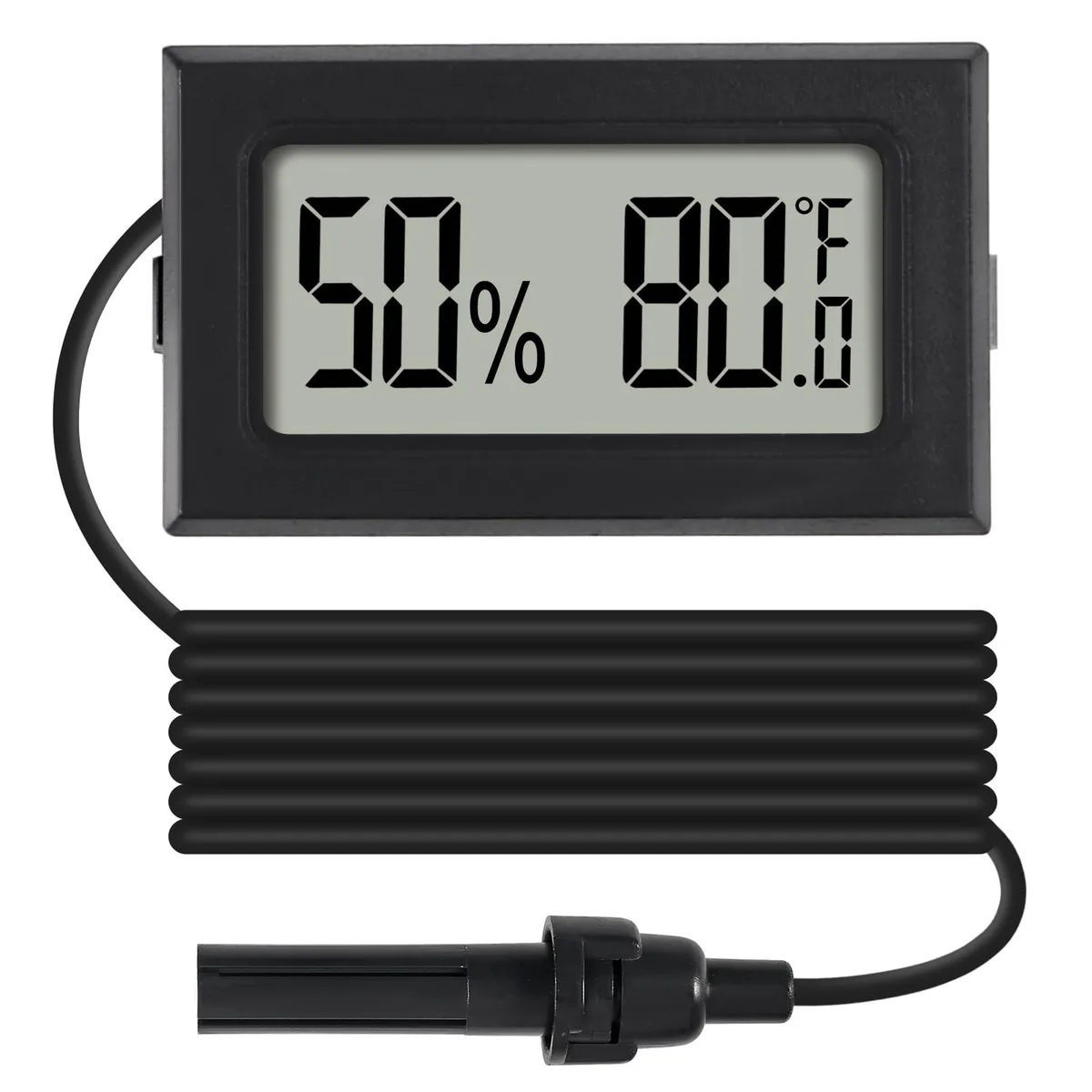Small rectangular digital meter with LCD screen and wired probe sensor