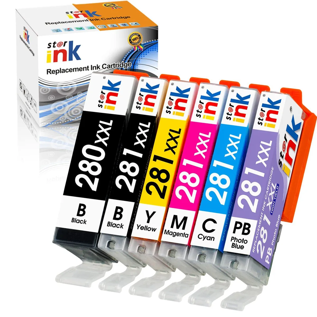 Six ink cartridges in a clear plastic blister pack, labelled PGI-280XXL and CLI-281XXL