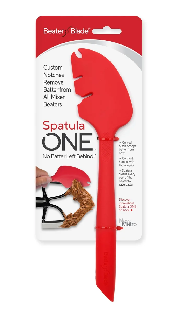 Red 12-inch silicone spatula with stainless steel core and notched curved blade