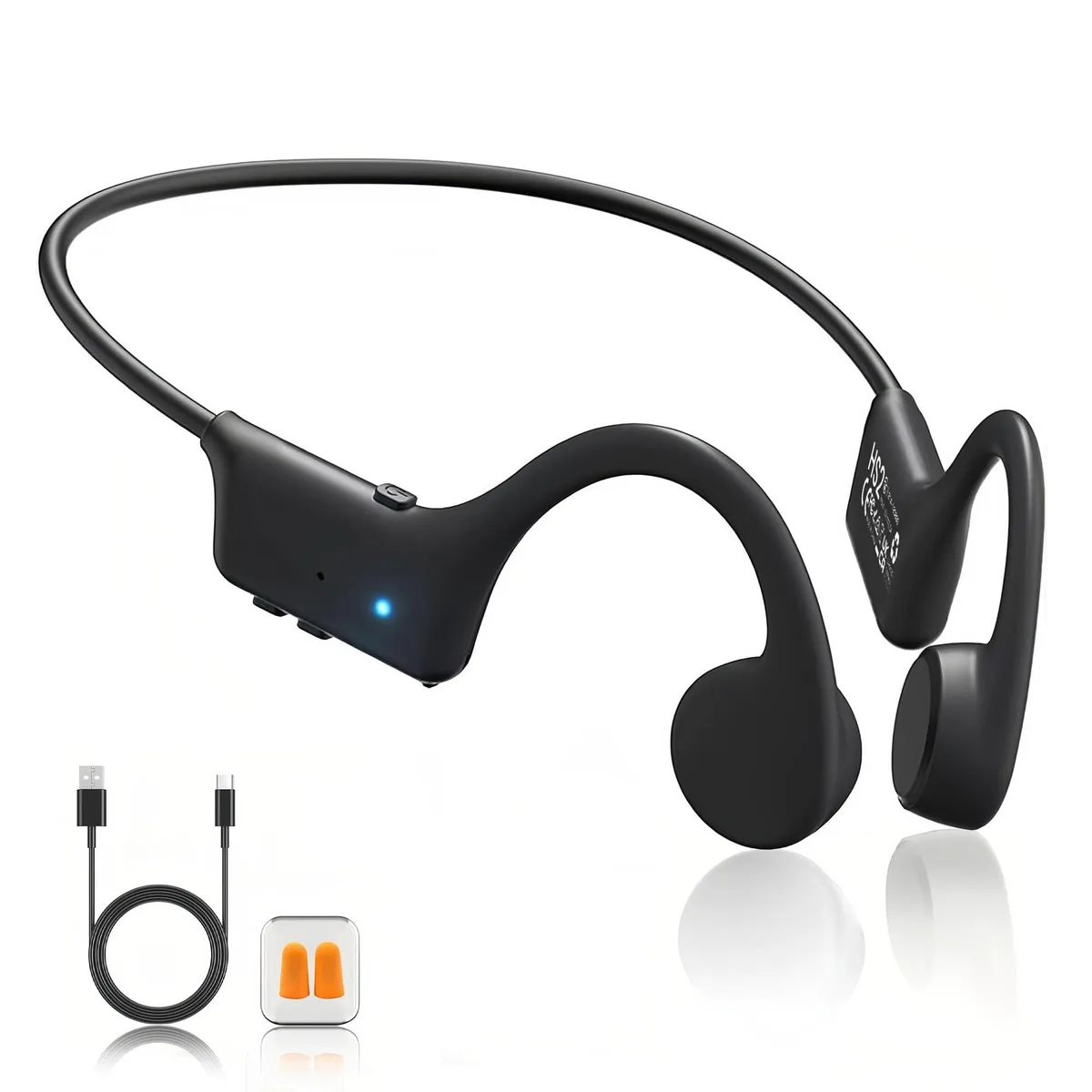 Black open-ear bone conduction headphones with flexible wraparound frame and silicone finish