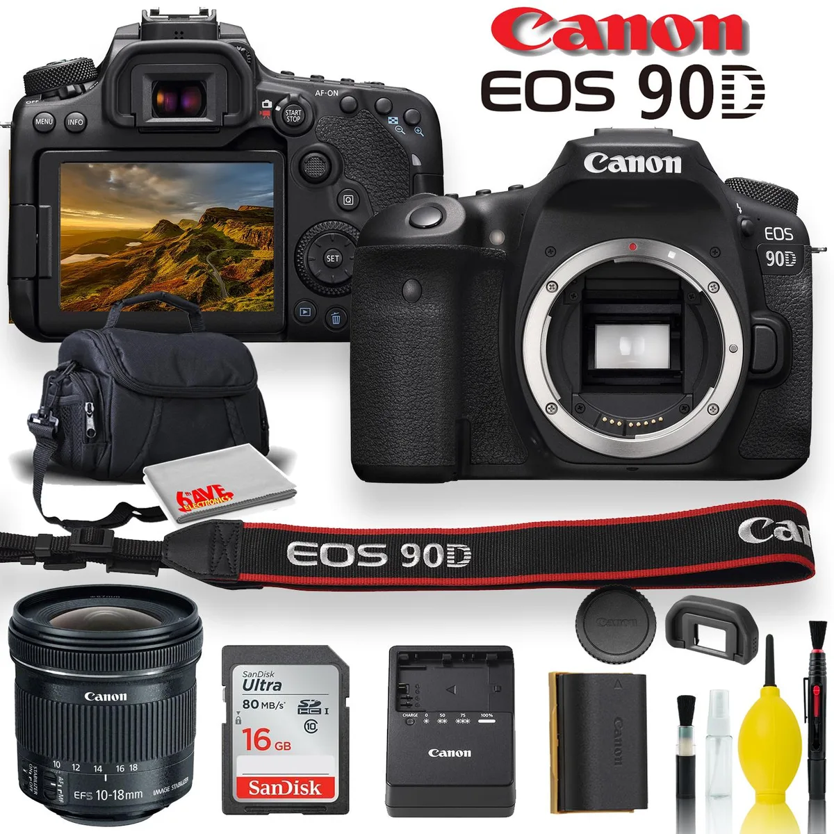Canon International Canon International EOS 90D DSLR camera with EF-S 10-18mm f/4.5-5.6 IS STM lens, 16GB card, case — product photo