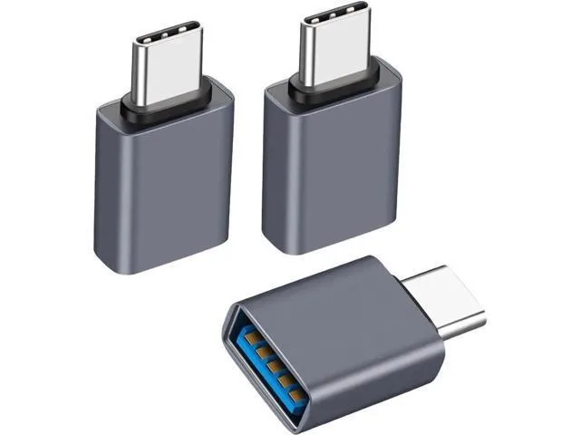 Three grey USB-C male to USB-A female adapters in a compact solid design