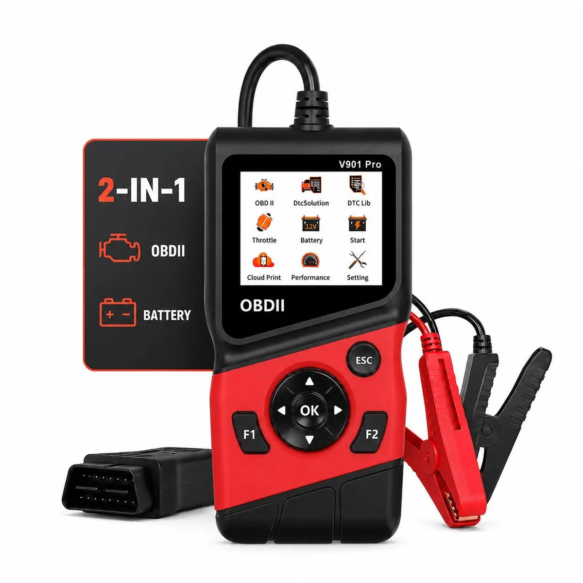 Handheld diagnostic tool with colour screen and OBD cable, dark plastic casing