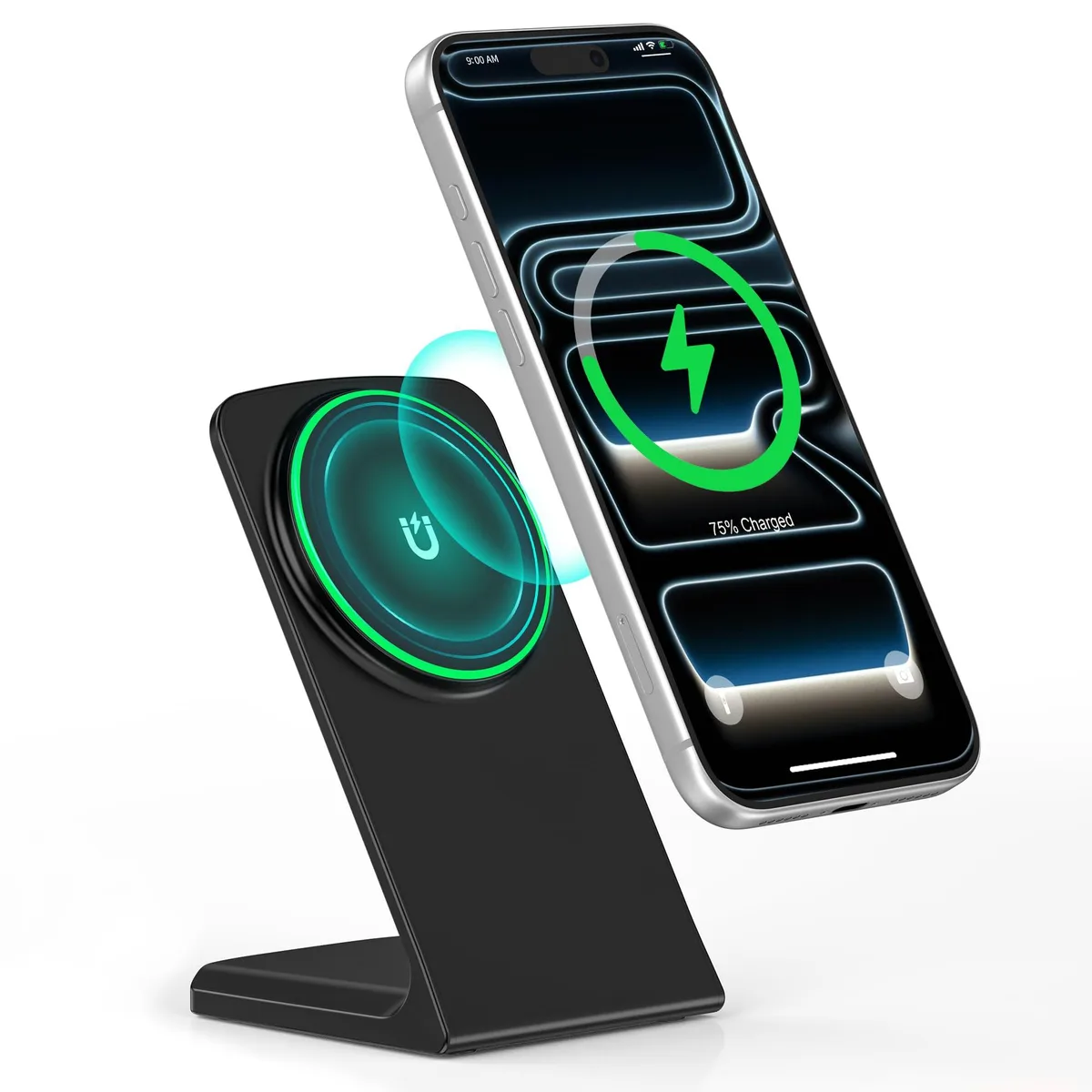 White 3-in-1 magnetic wireless charging stand with phone, watch and earbud pads