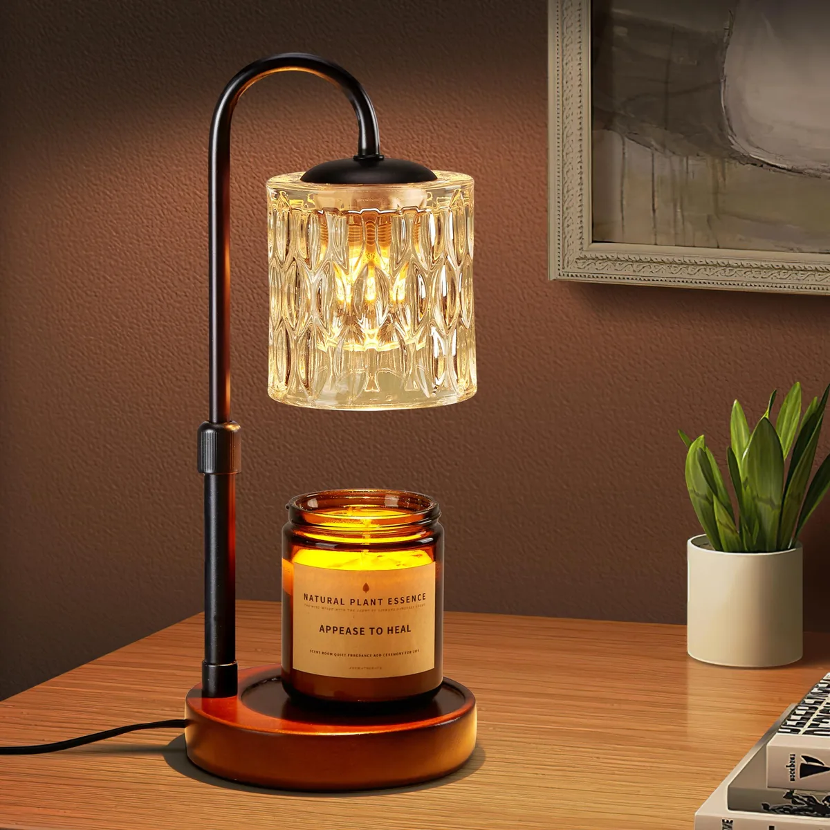 Tabletop candle warmer lamp with glass shade, gold stem and walnut wood base, 13 cm square by 32.5 cm tall