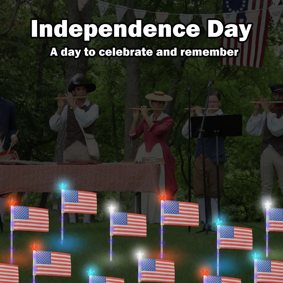 Six small US flags on stakes with red white and blue LED stars solar powered
