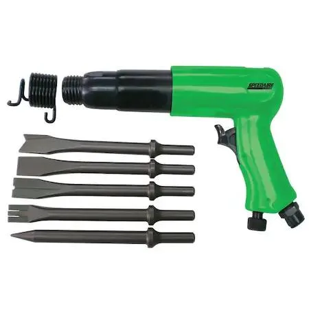 Red metal air hammer with spring retainer, four chisels and 1/4 inch NPT inlet