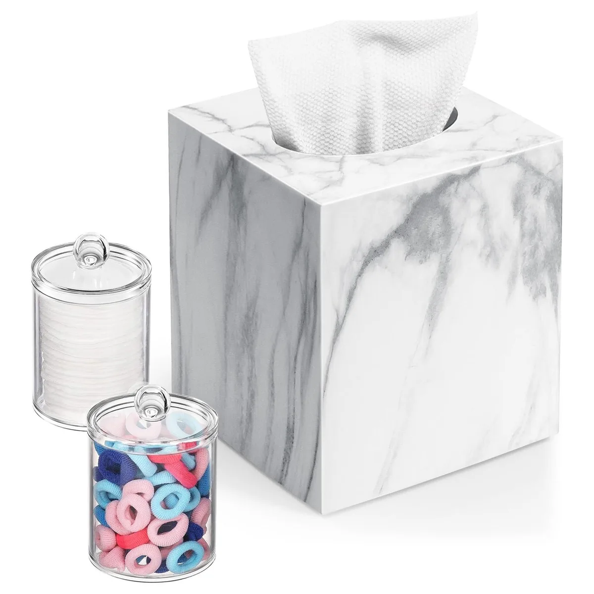 Square marble acrylic tissue box cover with two clear qtip holders, 5.2 by 5.2 by 5.9 inches