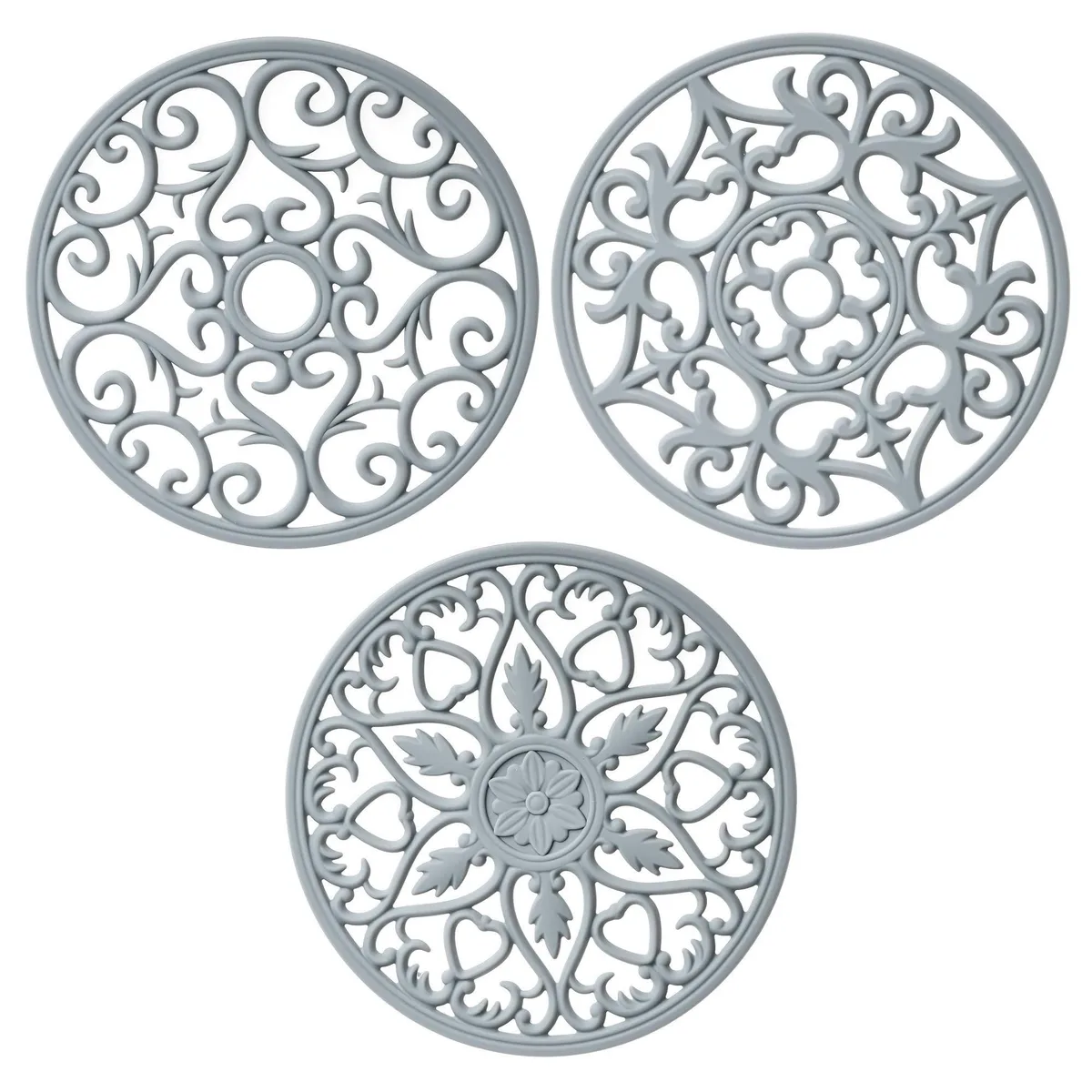Three round grey silicone mats with intricate carved patterns, 7.87 inches each
