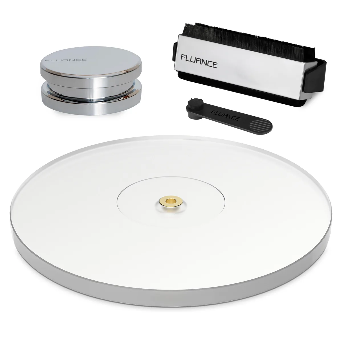 Fluance vinyl accessory kit with frosted acrylic platter, 760g record weight, carbon fibre brushes