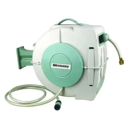 Wall-mounted beige hose reel with spring return mechanism