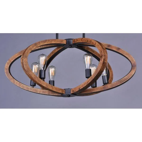 Anthracite metal pendant with six lights and distressed wood rings in Antique Pecan finish