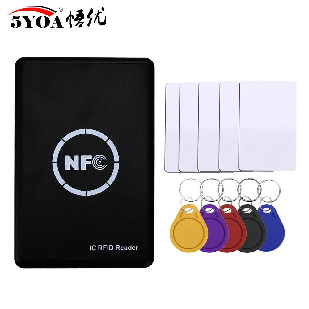 Rectangular USB NFC RFID copier with two-colour LED and five key fobs five cards