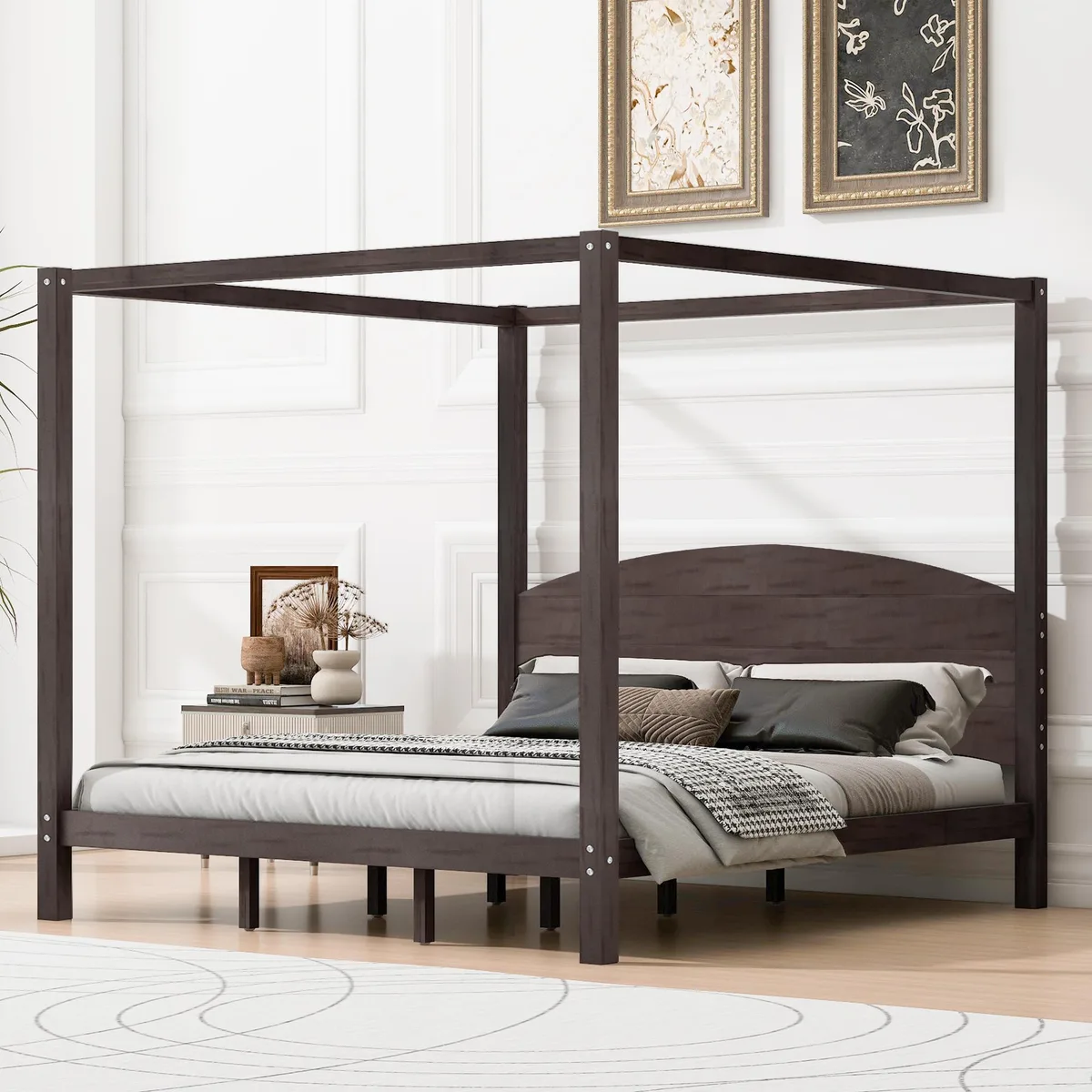 King size canopy platform bed frame, brown wash pine finish, headboard and support legs visible