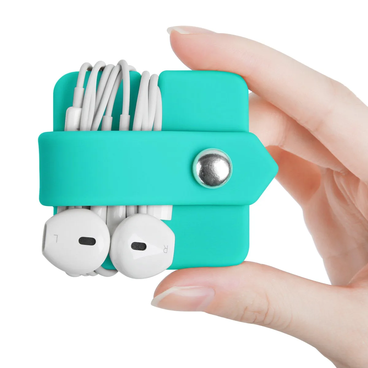 Blue silicone earphone winder with metallic snap closure