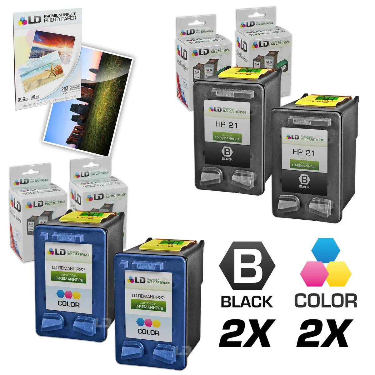 LD Products LD Products HP 21 &amp; 22 Ink Cartridge 4-Pack (2 Black 2 Color) + 20 Photo Paper — product photo