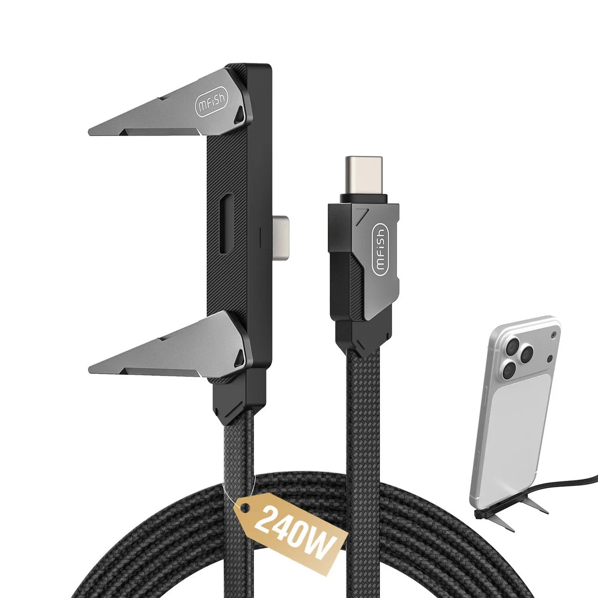 Orange braided USB-C cable with 90-degree T-shaped connector and foldable stand, 3.93 feet long