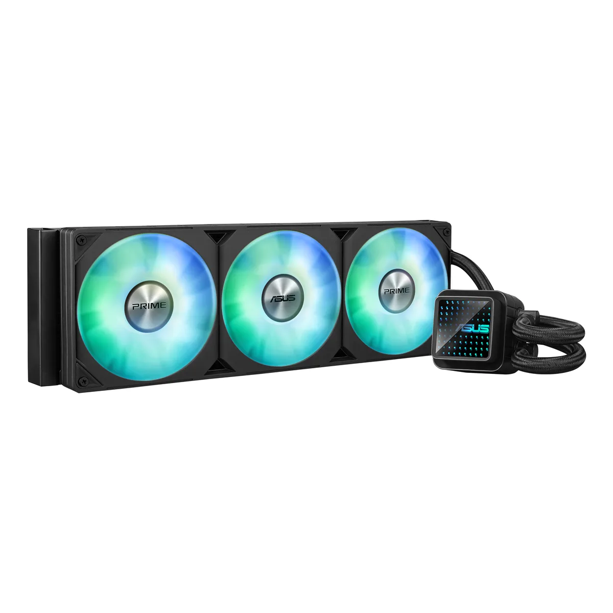 Black rectangular radiator with three 120 mm ARGB fans and sleeved tubes leading to a square pump block with infinity mirror top