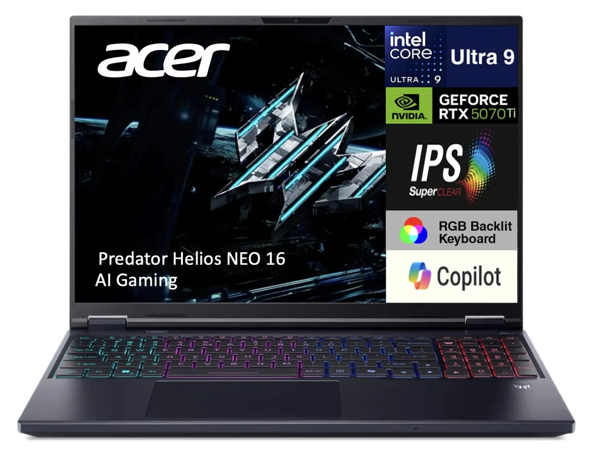 Acer America Acer Predator Helios NEO 16 AI gaming laptop 16.0" WQXGA 240Hz Ultra 9 275HX RTX 5070 Ti 12GB — product photo