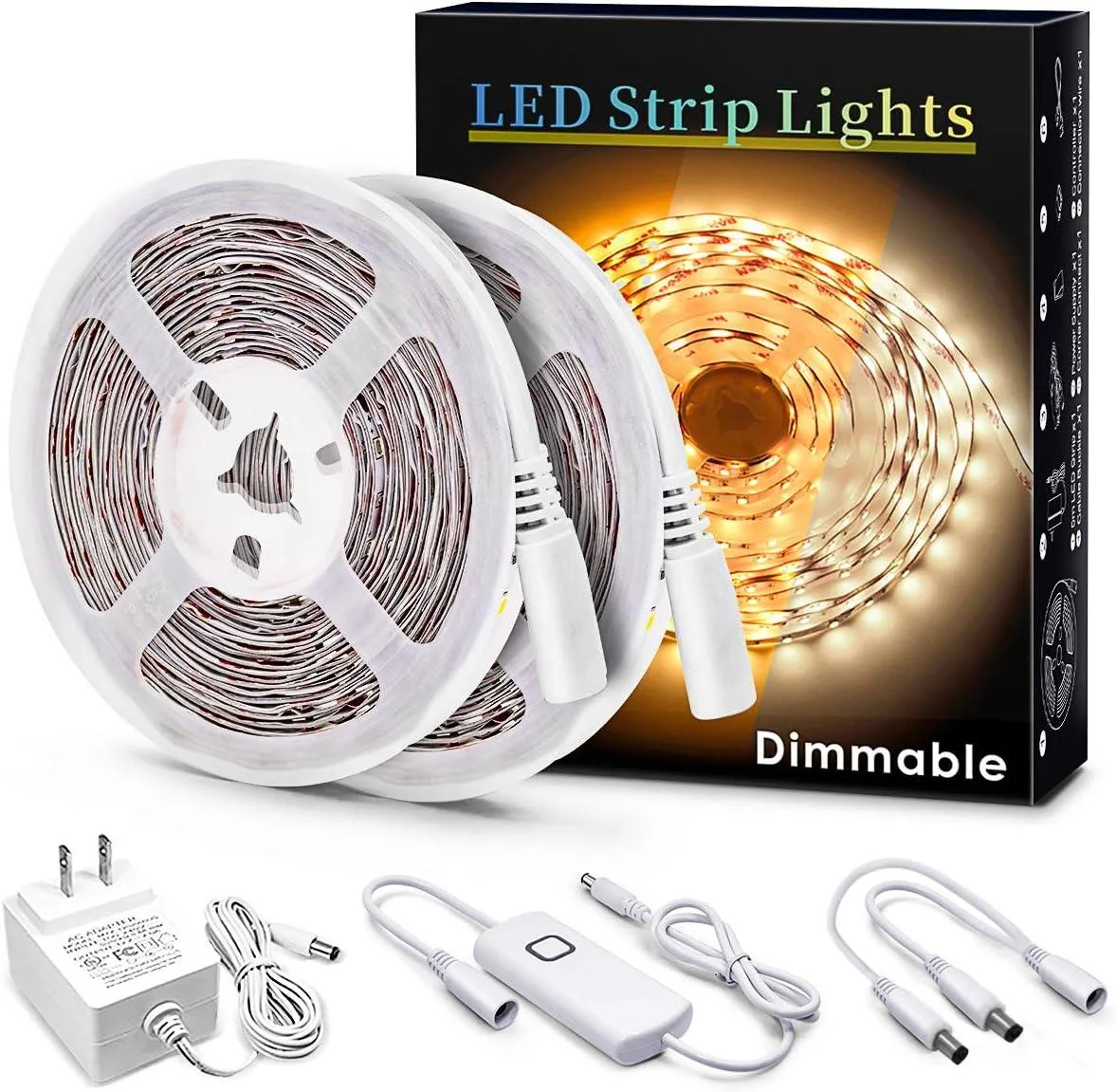 Two 16.4 ft warm white LED strips on reels with dimmer and power adapter
