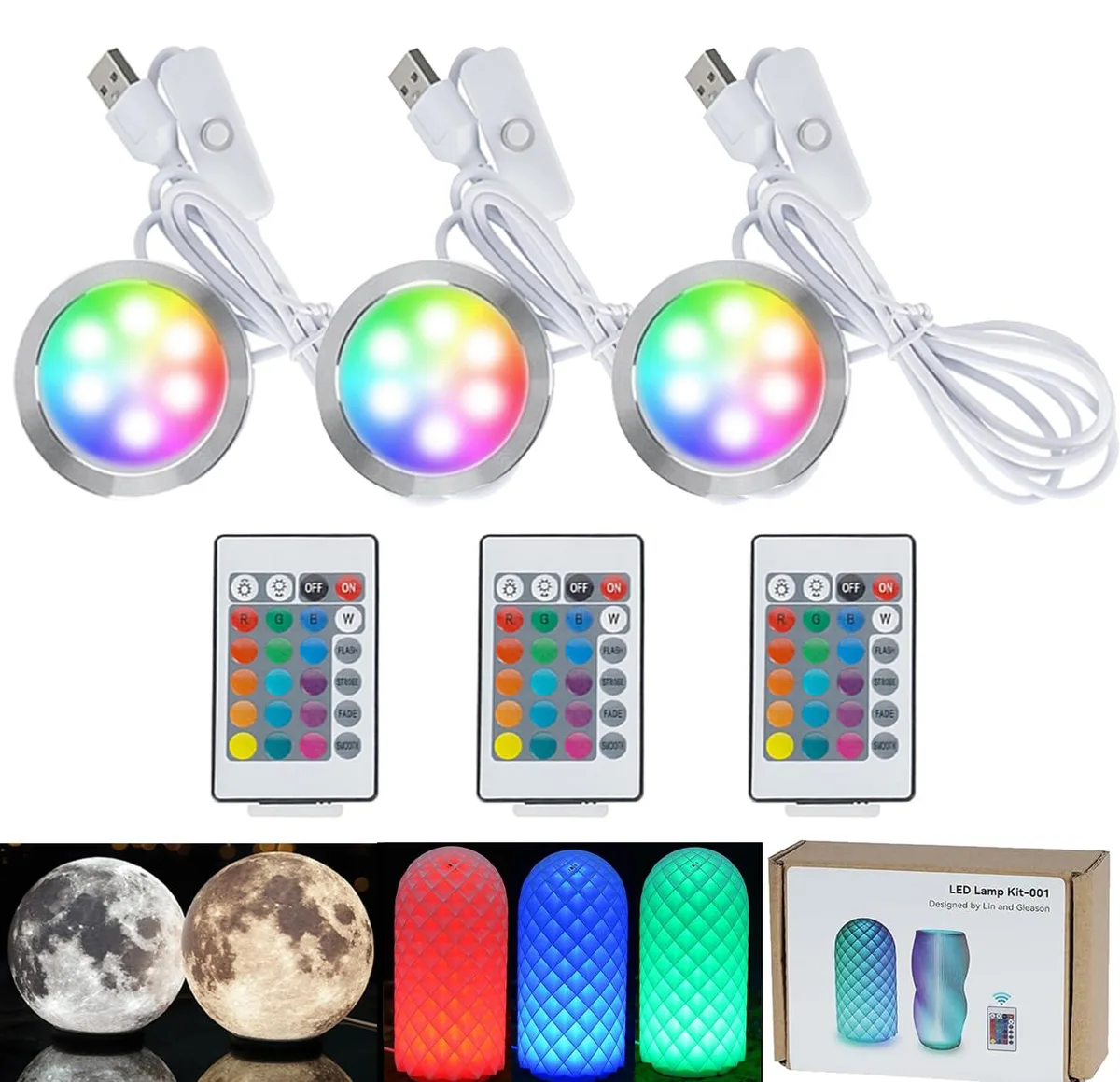 Three small puck lights with a remote control